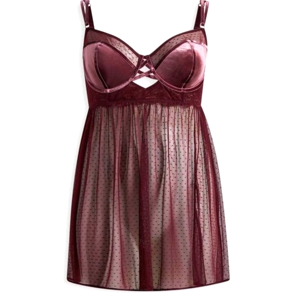 ❤️NWT VINTAGE TORRID LINGERIE BABYDOLL CHEMISE VELOUR LACE SHEER MESH WINE PLUS - Picture 10 of 12